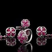 Set of ruby and diamond earrings, ring and pendant