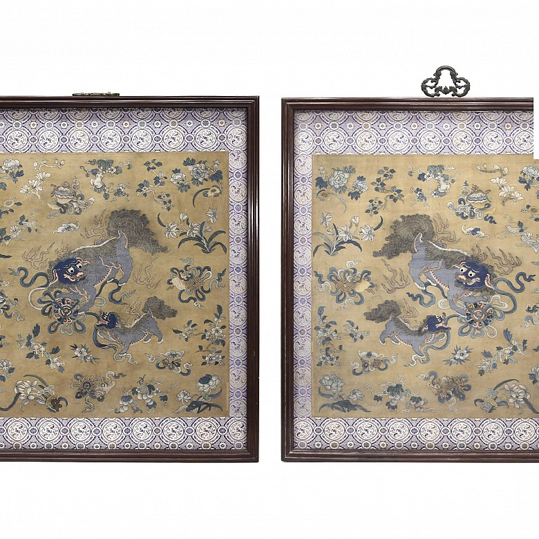 A pair of silk fabric framed, China, 18th - 19th century