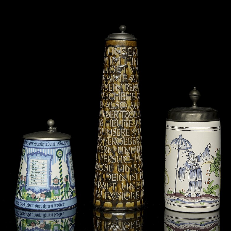 Three enamelled beer steins, 20th century