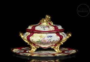 French porcelain tureen with oval dish, 20th century