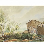 Watercolor (20th century) “Country landscape with house”