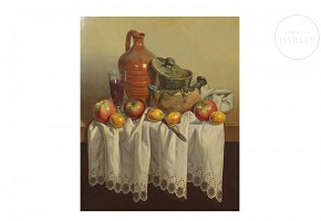 E. Segarra ‘Still life with wine and fruit’, 20th century