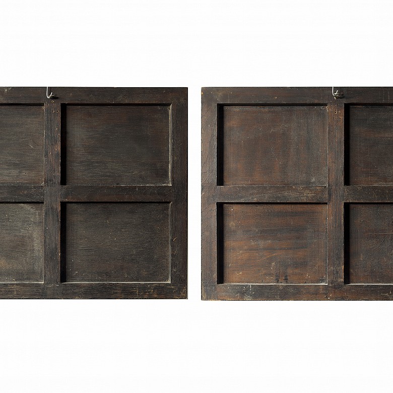 Pair of wooden panels ‘Scenes’, 20th century