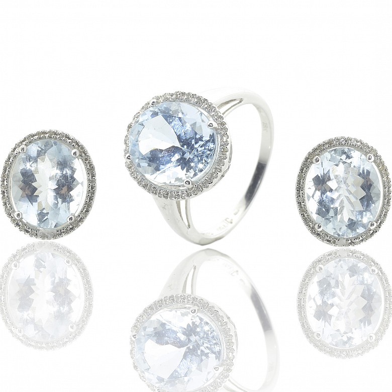 Earrings and ring set, with aquamarines and diamonds