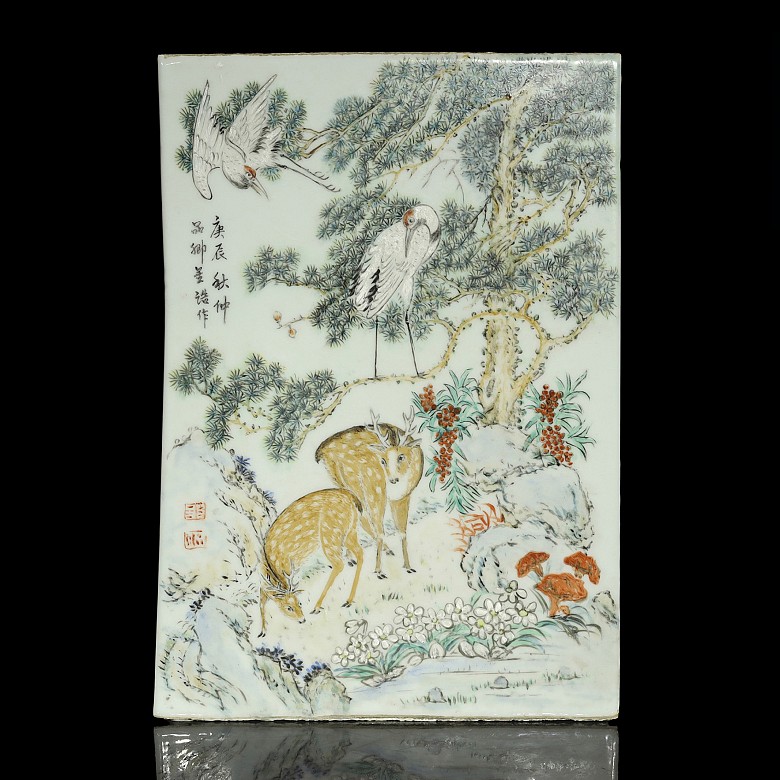 Porcelain enameled plate with deer and cranes, 20th century