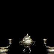 Two candlesticks and a silver vessel, 20th century