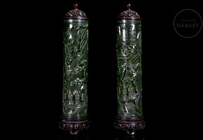 Pair of spinach green jade incense burners, Qing dynasty