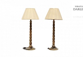 Pair of lamps with wooden stems, 20th century