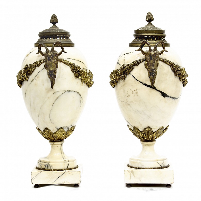 Pair of French Ormolu Mounted Marble Vases.