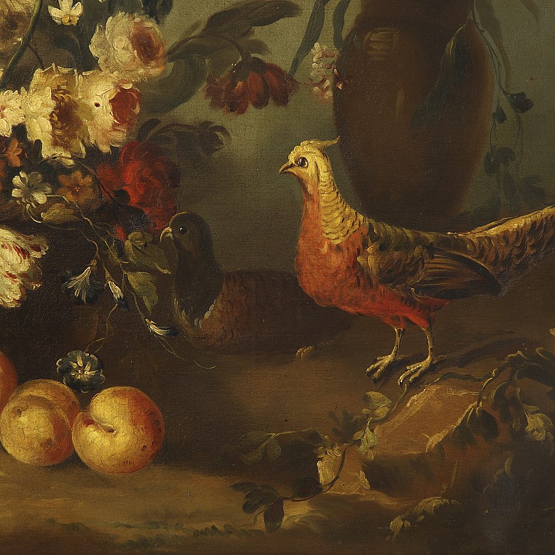 Spanish school early 20th century “Still life with basket and birds”