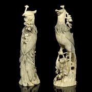 Pair of ivory carvings ‘Phoenix on branch’, early 20th century