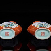 Pair of glazed vases with coral background and scenes, Minguo