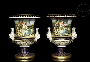 Pair of porcelain enamelled urns ‘Lovers’, 20th century