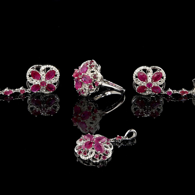 Set of ruby and diamond earrings, ring and pendant