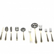 Large silver plated metal cutlery set with case, RSR