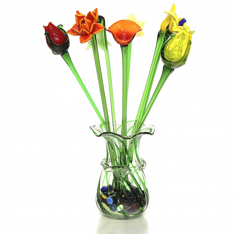 Vase with glass flowers, 20th century