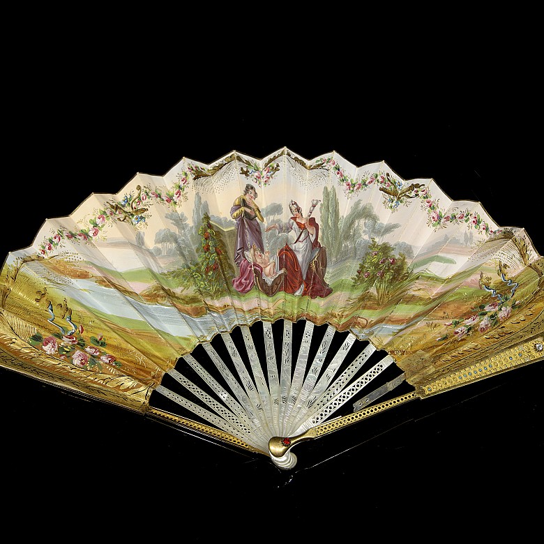 Fan with mother-of-pearl ‘Scenes in the Garden’, 19th century