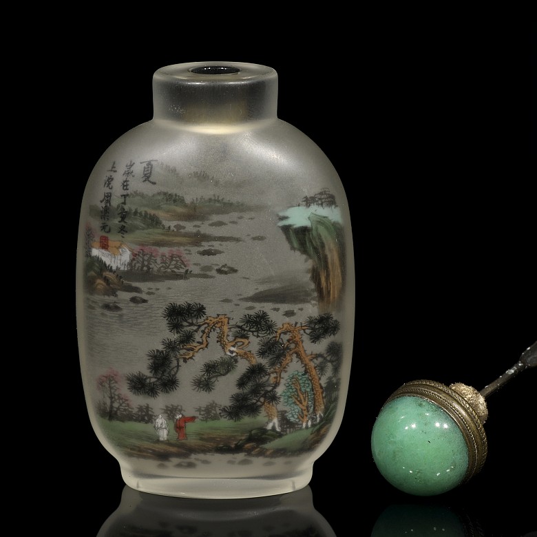 Botella de rapé de vidrio pintado, Zhou Leyuan, dinastía Qing