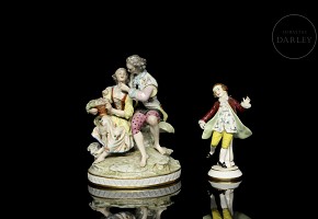 Two enamelled porcelain figurines ‘Lovers and Child’, 20th century