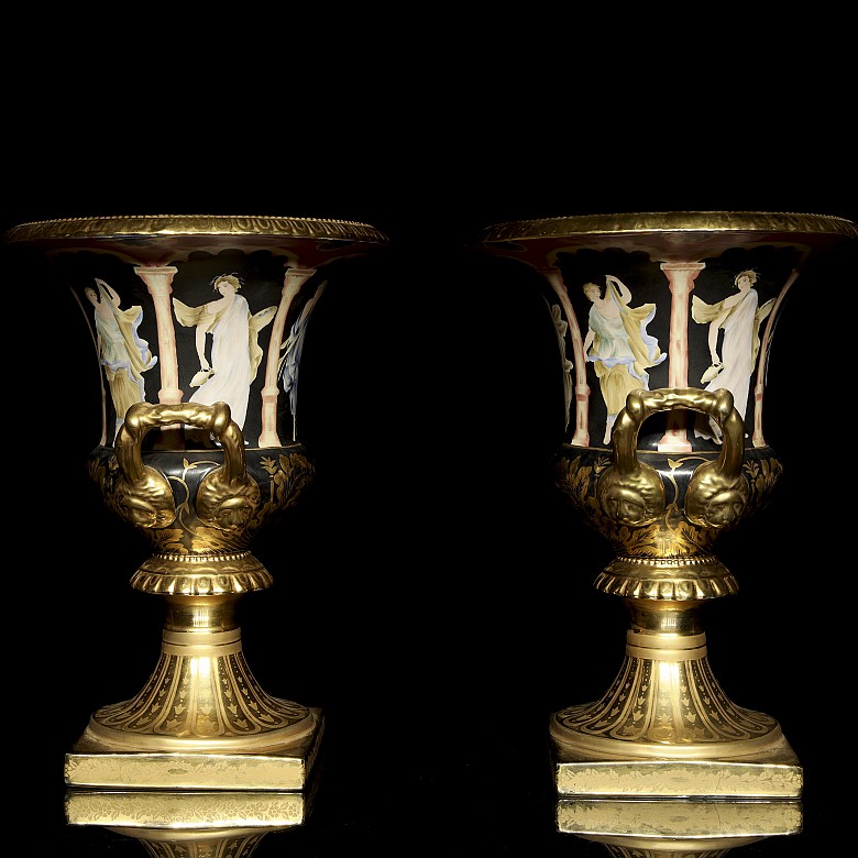 Pair of Sevres style porcelain urns, early 20th century