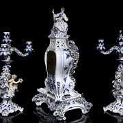 Clock set with two candelabras and pedestal, Meissen, 19th - 20th centuries