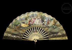 Fan with metal and bone band and paper country, 19th century