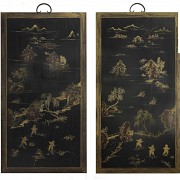 Pair of lacquered wood panels with jade, Qing dynasty.