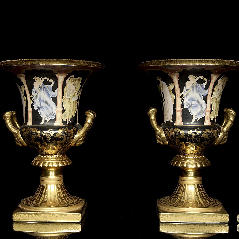 Pair of Sevres style porcelain urns, early 20th century