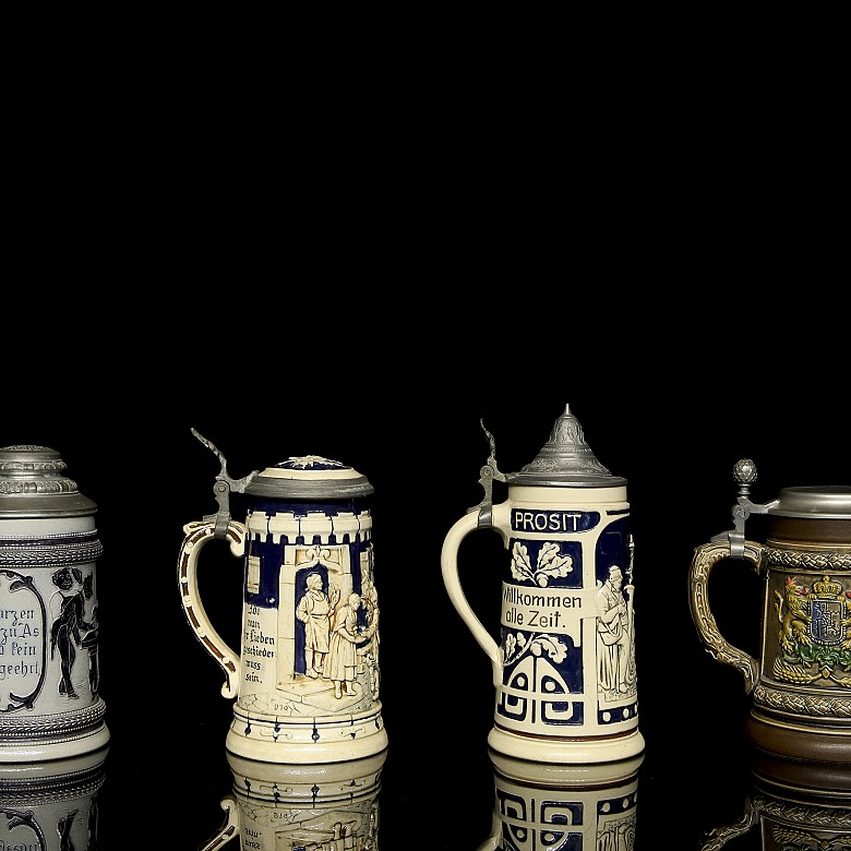 Four German beer steins ‘’Scenes‘’, 20th century