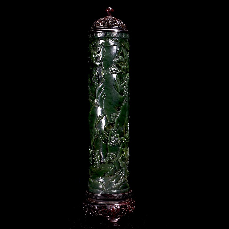 Pair of spinach green jade incense burners, Qing dynasty