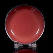 Red glazed porcelain dish with silver applications, Qing dynasty