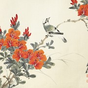 Three chinese paintings ‘Blossoming branches with birds’, 20th century