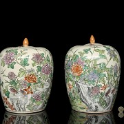 Pair of ‘Chrysanthemums and birds’ tibor, 20th century