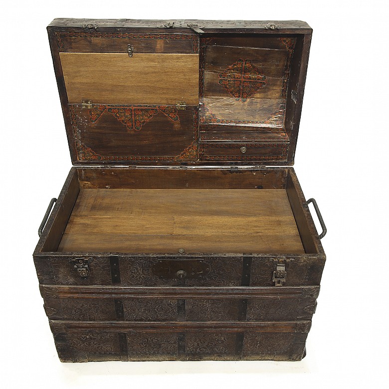 Metal and embossed leather chest, 19th century