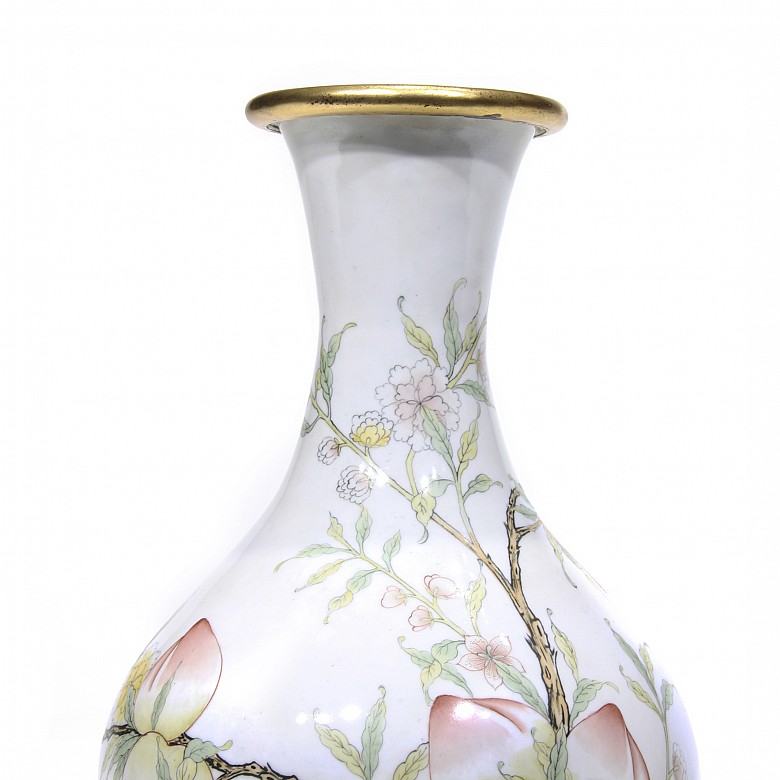 Enameled metal vase with peaches, 20th century