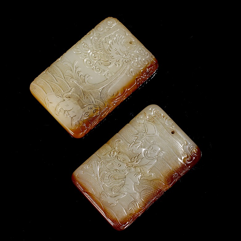 Pair of ‘Dragon and Child’ jade plaques, Qing dynasty