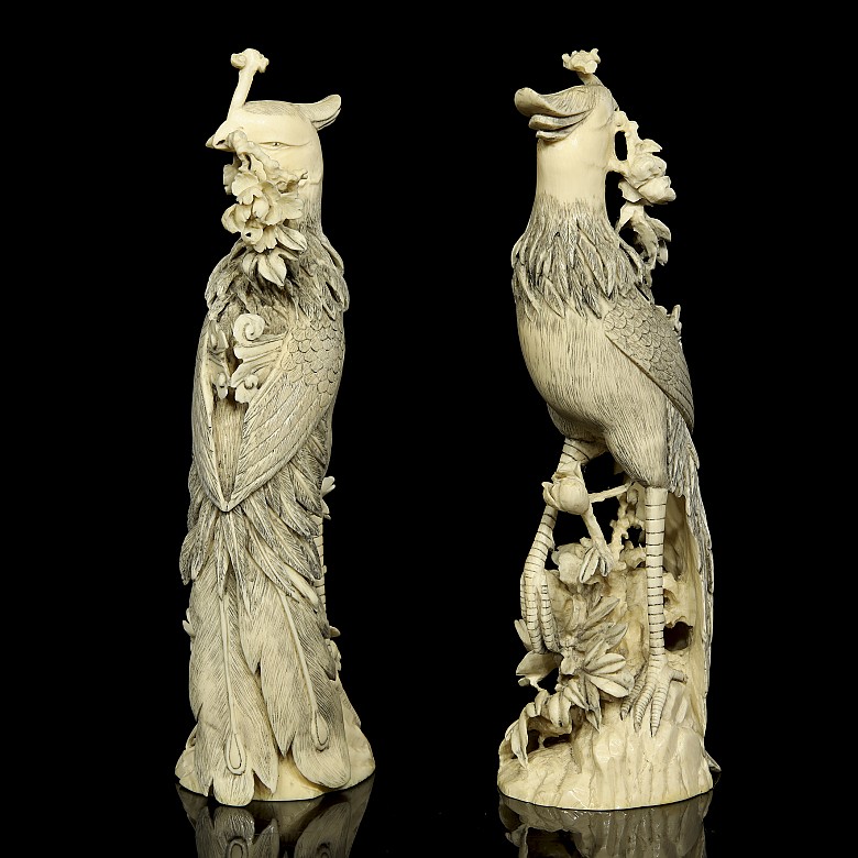 Pair of ivory carvings ‘Phoenix on branch’, early 20th century