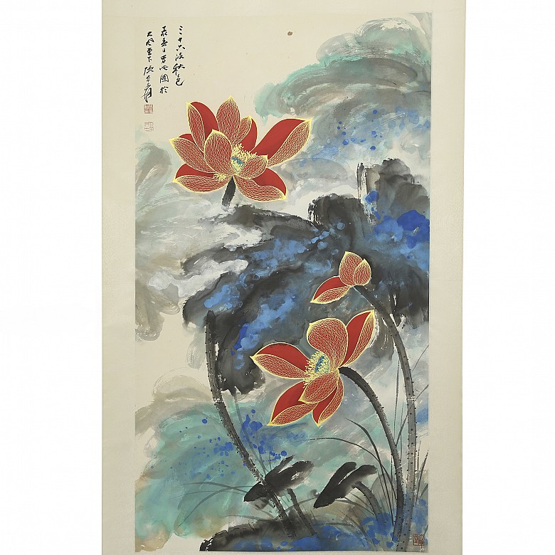 Chinese painting ‘Lotuses and poem’, 20th century