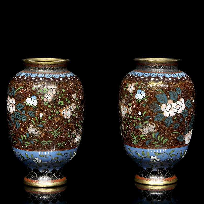 Pair of small enamelled bronze vases, 20th century