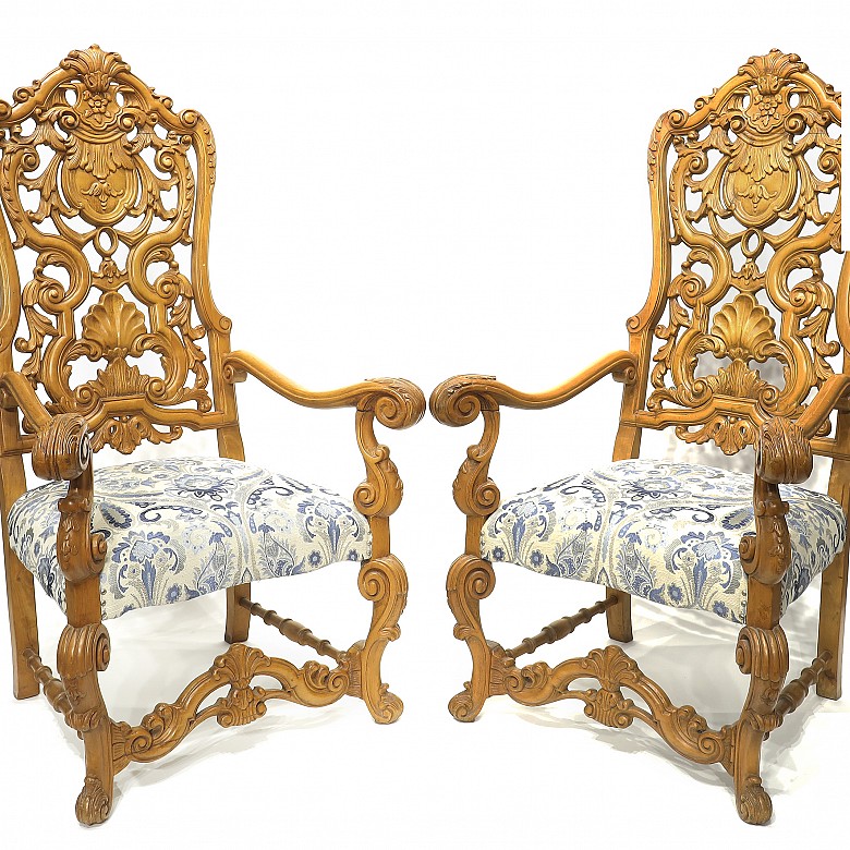 Pair of large oak armchairs, 20th century