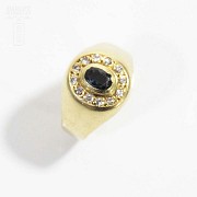 18k yellow gold seal ring with sapphire and diamonds.