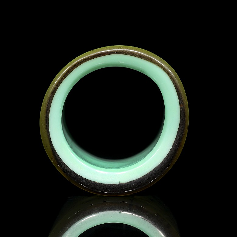 Turquoise archer's ring of glass and gold leaf chips, 20th century