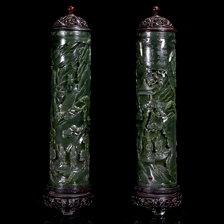 Pair of spinach green jade incense burners, Qing dynasty