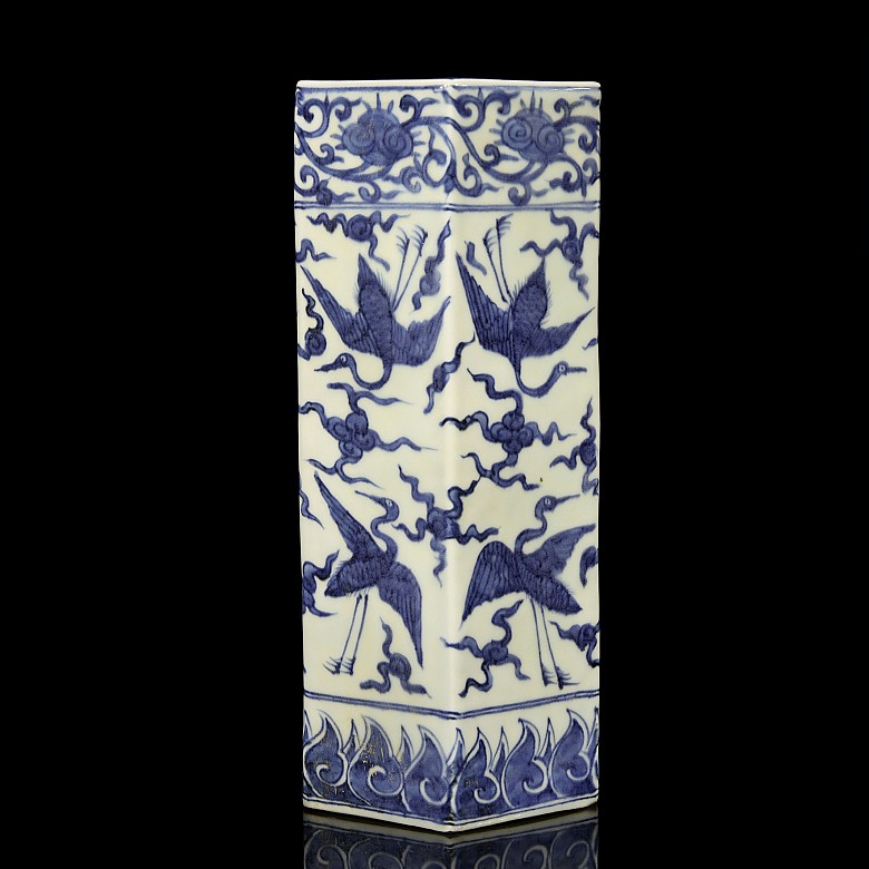 Hexagonal vase, blue and white, 20th century