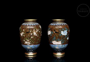 Pair of small enamelled bronze vases, 20th century