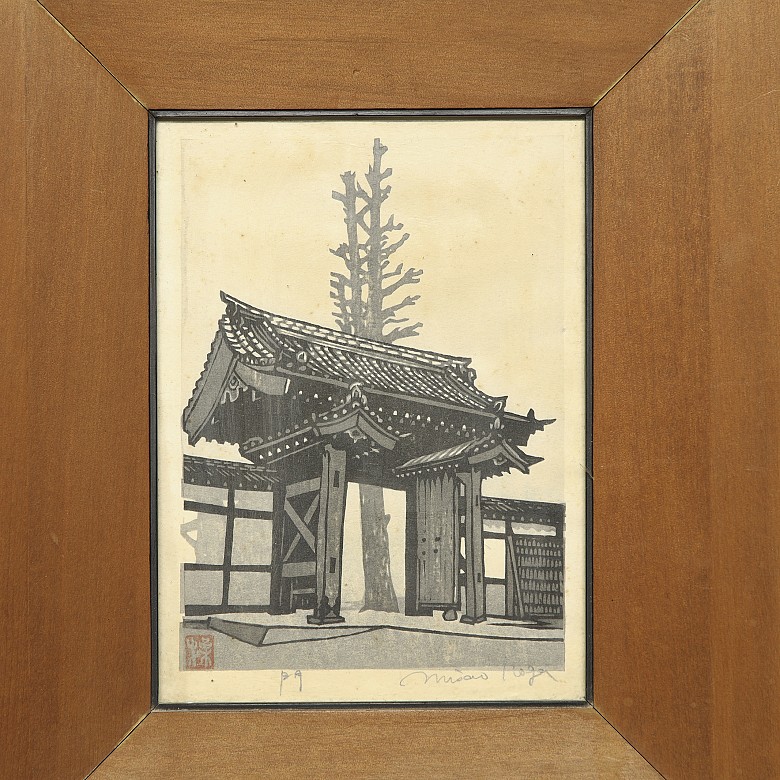 Asian engraving ‘Temple Gate’, 20th century