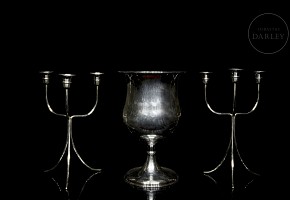 Set of silver-plated metal candlesticks and goblet, 20th century