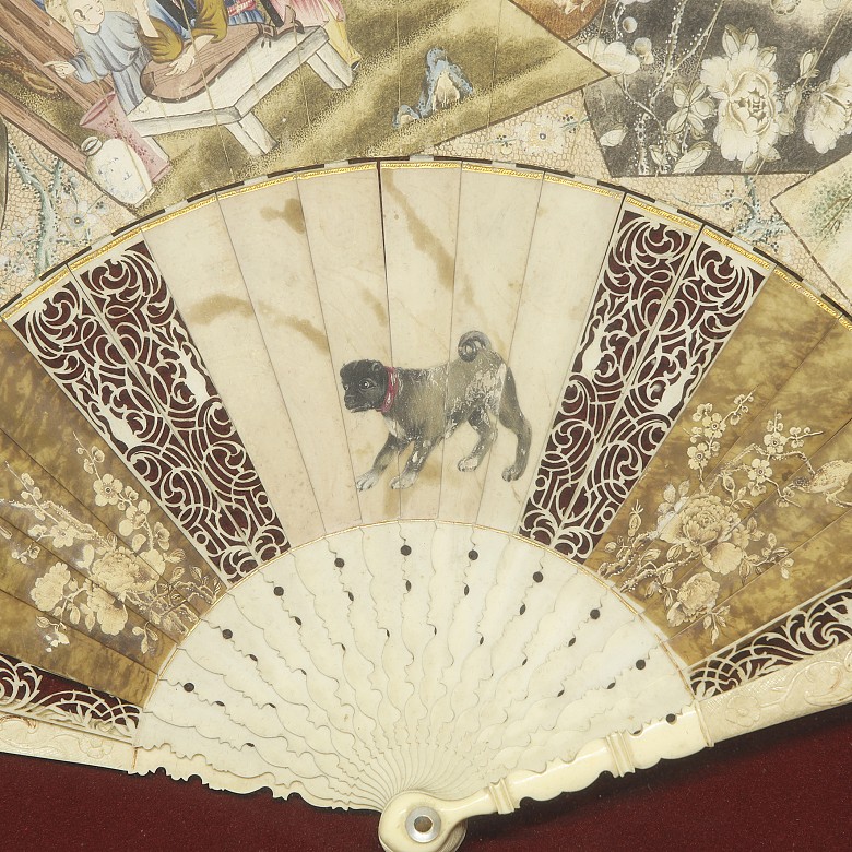 Chinese fan with bone stick ‘Rural Scenes’, 20th century