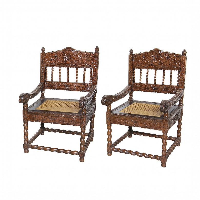 Four chairs with reliefs and grille seat, Asia, 20th century