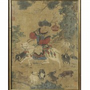 Chinese painting ‘Young Yuan playing with baby rams’, Qing dynasty